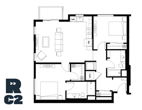 Floor plan for 2 beds, 2 baths, 1065 sqft